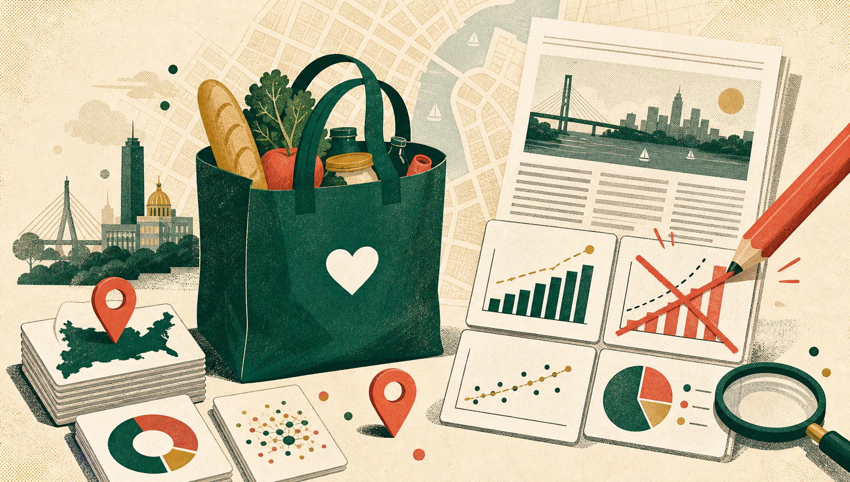 An editorial illustration of a grocery rescue bag, market data, and a statistic being corrected before publication.